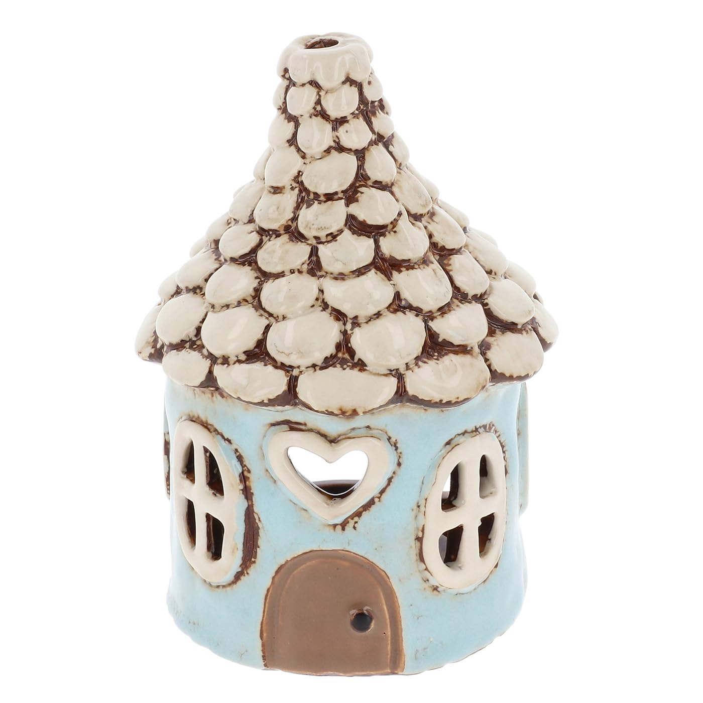 Shudehill GiftwareVillage Pottery Round Heart House Tealight Holder - Blue, Pink & Grey (Blue)