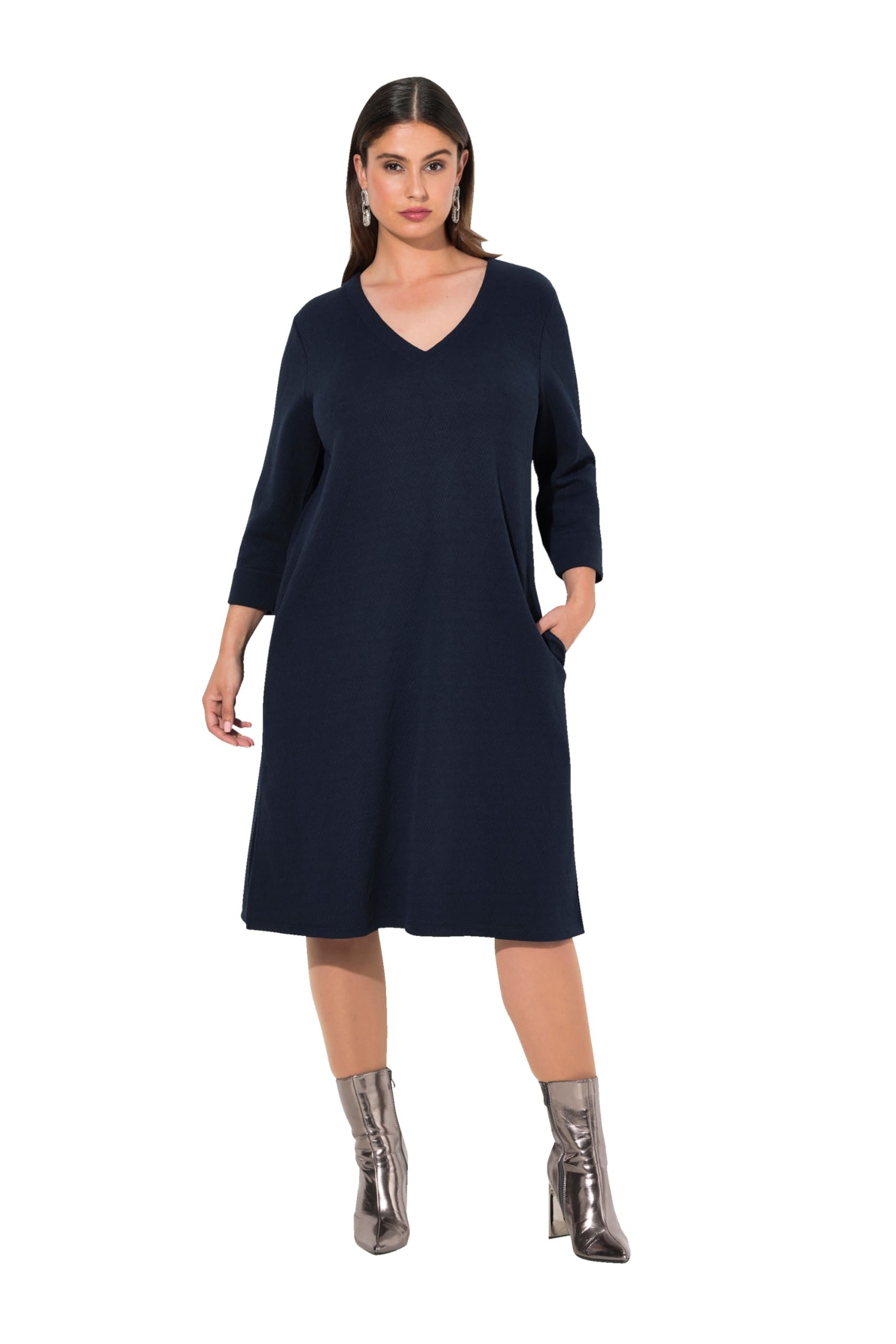 Ulla Popken Damen große Größen Übergrößen Plus Size Sweatkleid, A-Linie, V-Ausschnitt, 3/4-Arm, Taschen 833366