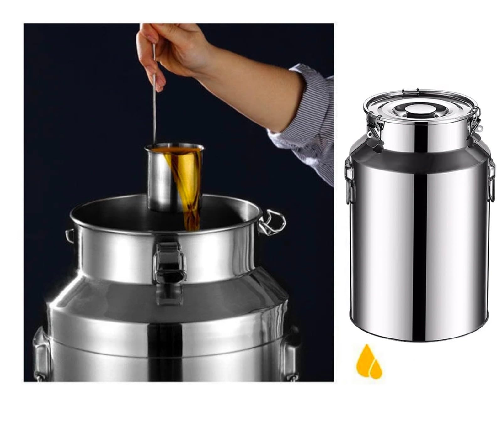 Lechera de acero inoxidable, tanque de transporte, contenedor de almacenamiento de alimentos con tapa para leche, agua, harina, aceite, mini barril y más