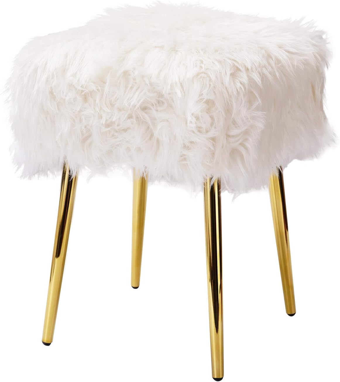 Square Faux Fur Ottoman Bench, Foot Rest Stool/Seat, Modern Upholstered Vanity Dressing Footstool with Removable Metal Legs Design, Accent Ottoman for Home Decor (White)