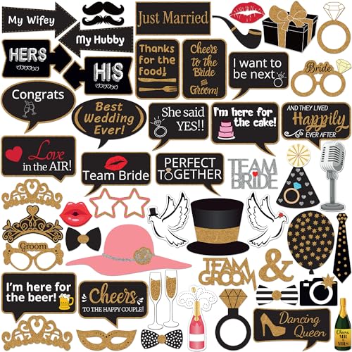 Wedding Photo Booth Props - 53 Pieces, Multicolored - Fun Photoshoot Party Selfie Accessories - Silly Group Picture Favors for Wedding Reception, Anniversary, Engagement, or Shower