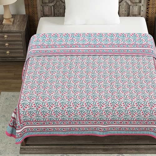 Image of BLOCKS OF INDIA Hand Block Printed Cotton Single Size Reversible Malma Dohar for Summer (Turquoise Pink Jaal, 200 Tc)