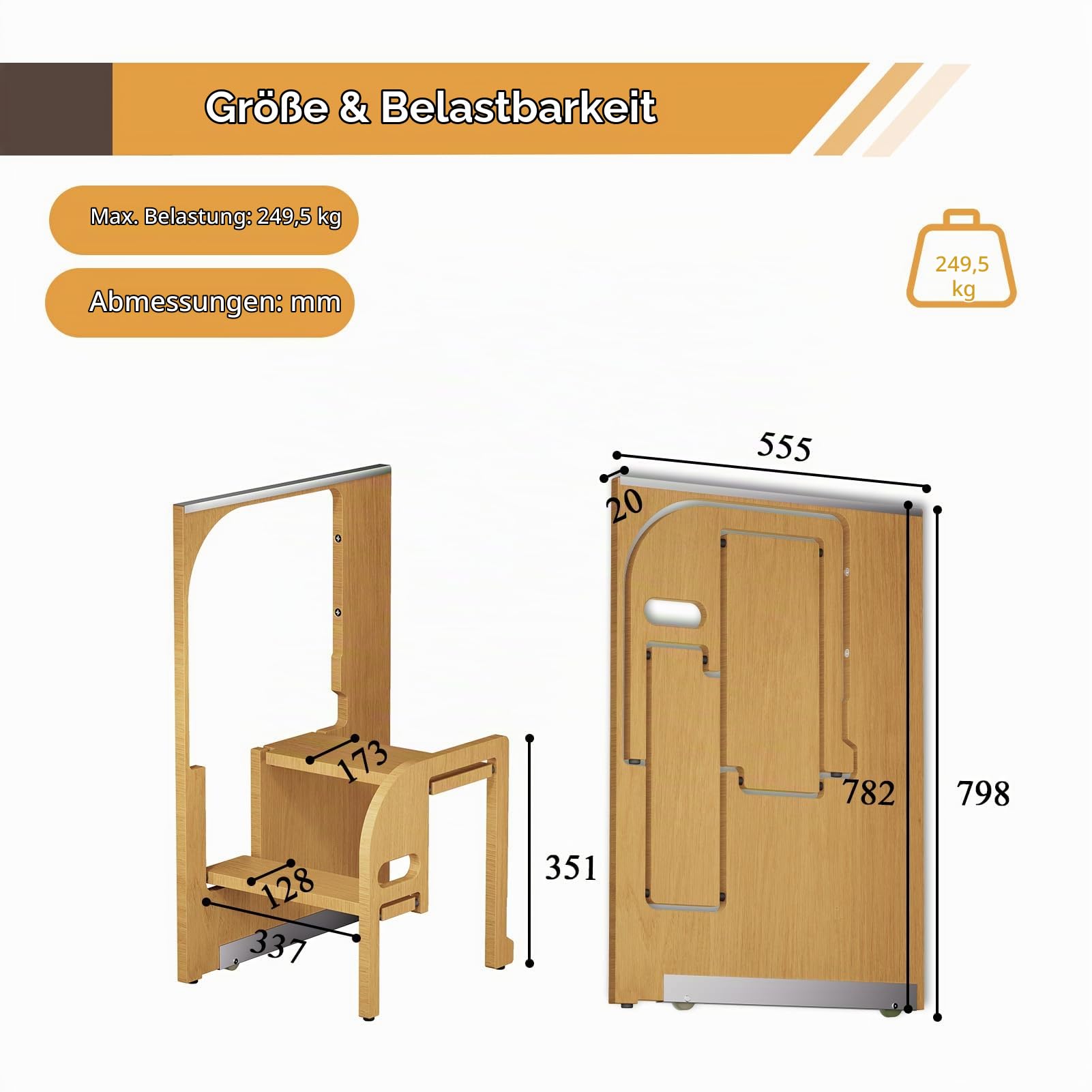 Klappbarer Tritthocker für Erwachsene, zusammenklappbarer Tritthocker aus Holz für die Küche, 200 kg Gewichtskapazität, schmaler Schlitz, versteckter Klapphocker, platzsparend, 2 Stufen