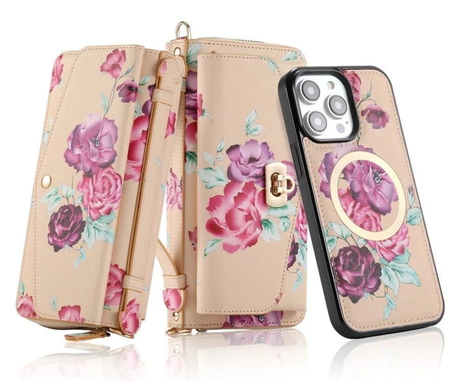 Coque arrière magnétique iPhone 13 Pro Max étui portefeuille amovible cuir fleur