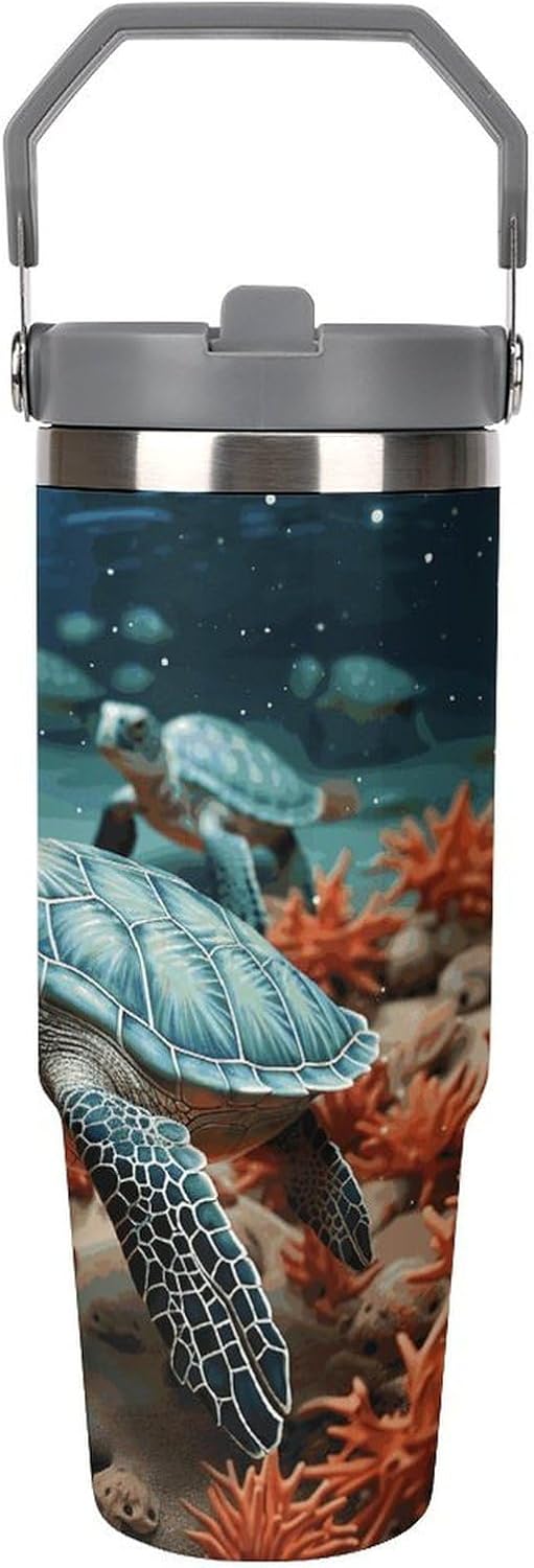 Turtle Starfish Water Bottle 30 Oz Fits Car Cup Holder,Insulated Coffee Mug Large Capacity Car Cups,Stainless Steel Double Wall Sport Bottle for Travel Sports Gym
