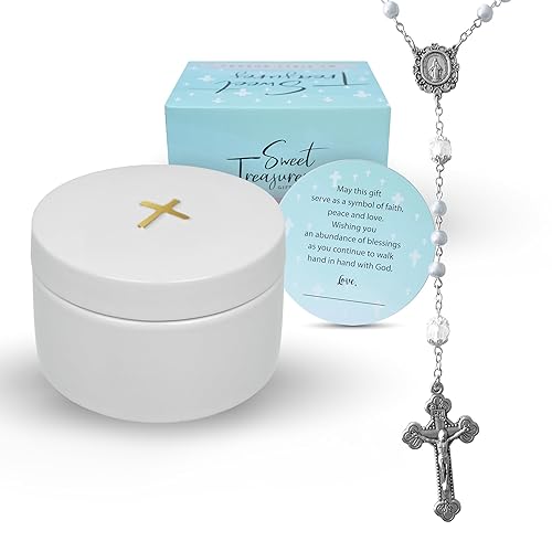 Regalo de Sweet Treasures regalos de bautismo para niños y niñas, primer rosario con caja de recuerdo de cerámica y tarjeta, regalo de primera