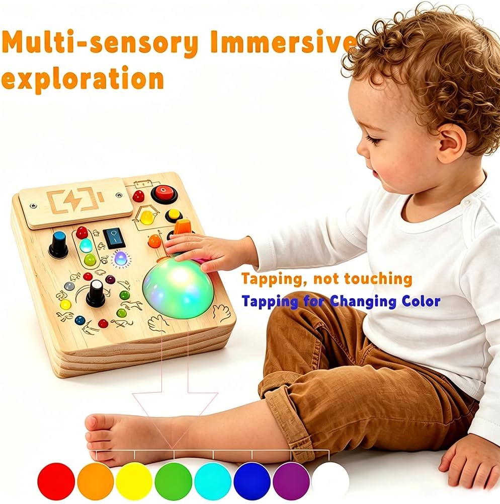Montessori Busy Board for Toddlers 1-3 Years Old, Wooden Sensory Board with LED Lights, Interactive Activity Toy with Switches, Travel Toy Gift for Boys Girls