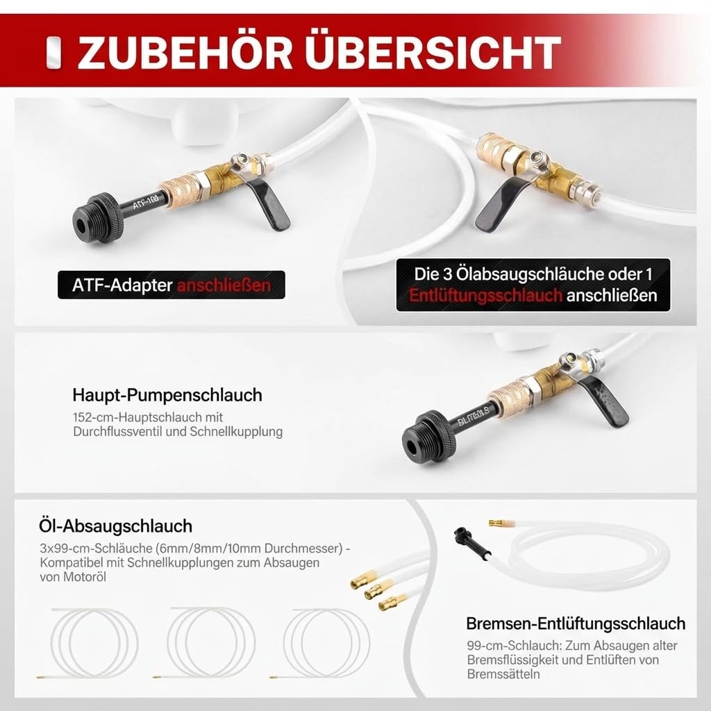 BILITOOLS Getriebeöl-Einfüllgerät Druckluft, Pneumatische Getriebeölpumpe | 8L automatisch Getriebeölwechsel Set zum Befüllen & Absaugen mit 15 ATF-Adaptern