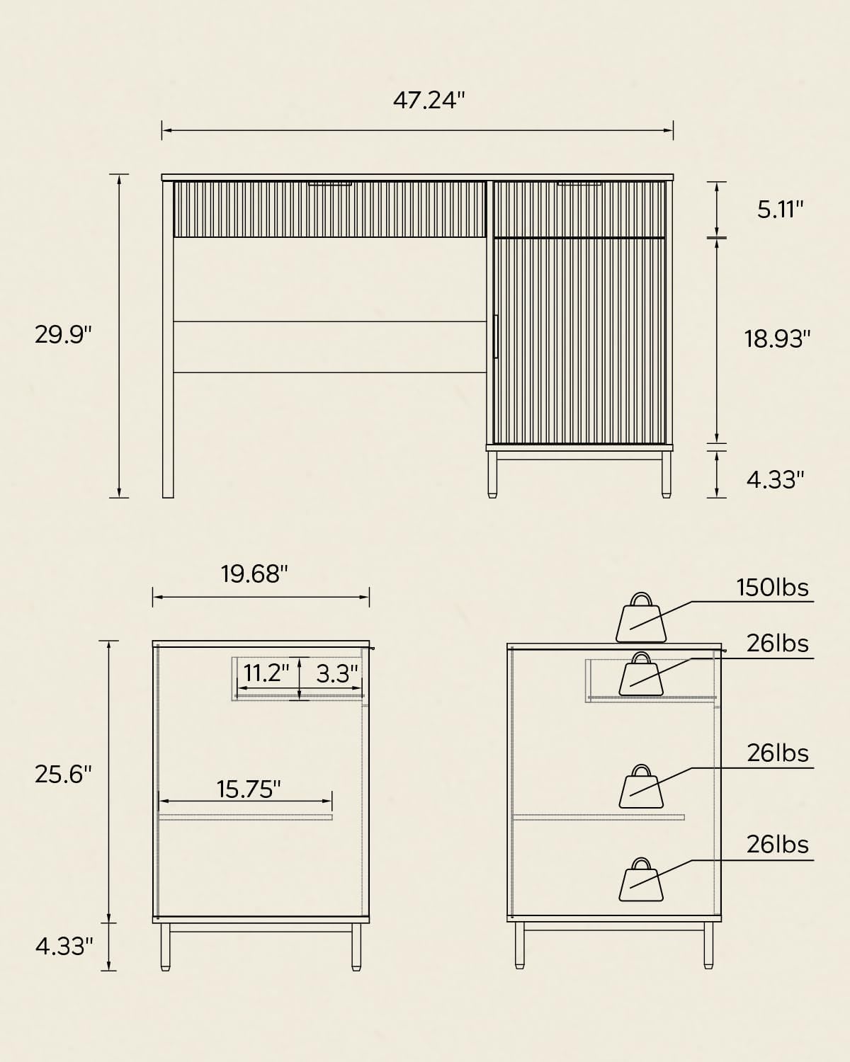 47" Office Desk with Fluted Drawers, Wooden Home Exectuive Desk with Storage Cabinet, Charging Station, Metal Legs Modern Farmhouse Computer Desk for Work, Study, Brown
