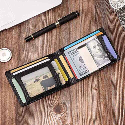 Genuine Leather Wallet for Men with Airtag Holder RFID Blocking Slim Bifold Design Front Pocket Wallet with GPS Tracker Accessories (Carbon Fiber Black)3