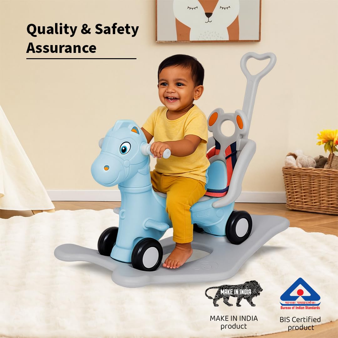 Amazon Brand - Jam & Honey 3-in-1 Ride-On and Rocker with Parental Handle | for Kids 2-5 Years Old | Non-Toxic PE | Durable and Safe with Seat Belt | BIS Approved | Blue 1