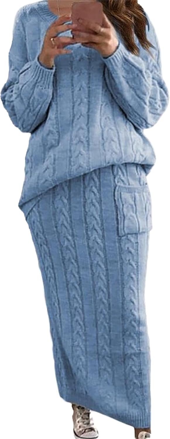 Womens 2 Piece Rib Knit Long Sleeve Skirt Sets Crop Top Maxi Bodycon Long Skirt Outfit Winter Cable Knit Sweater Set