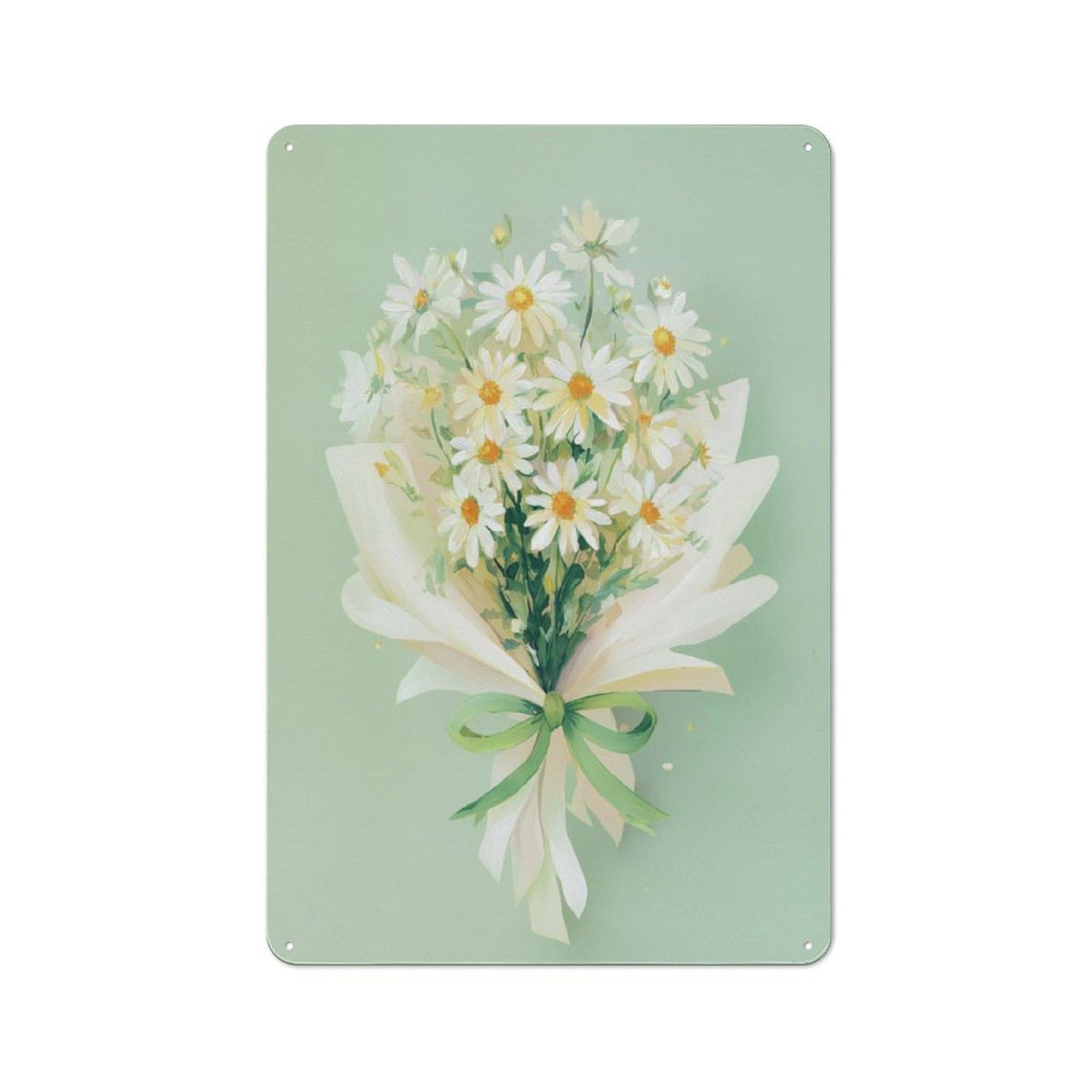 Jubonexis Bouquet of Light Yellow Daisies with Green Ribbon Tin Metal Signs Wall Art Decorations for Bar Pub Club Cafe Room Farmhouse White 30x20cm