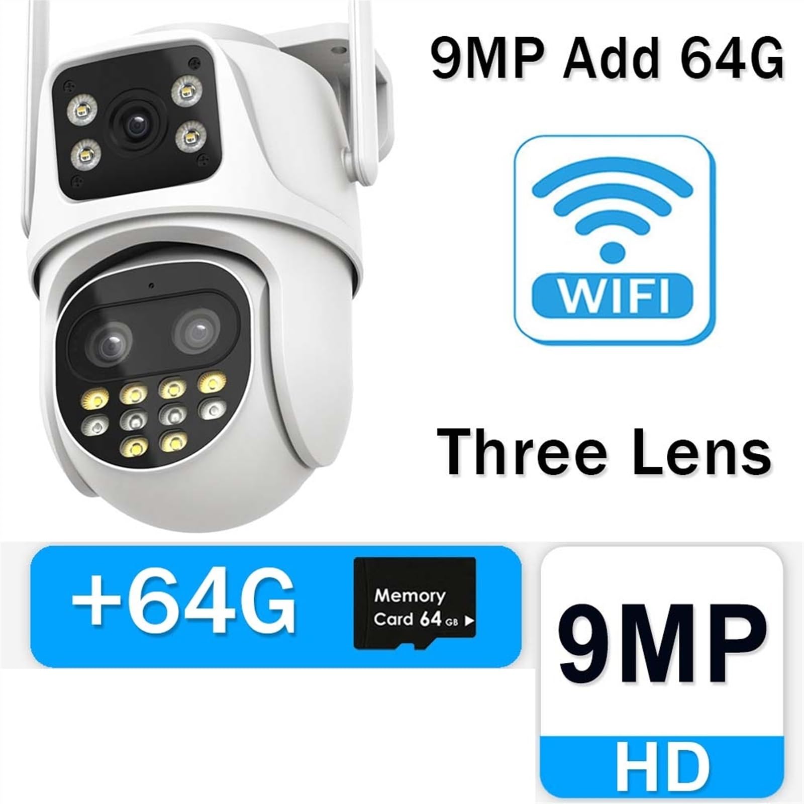 Kamera bezpieczeństwa, Kamera bezpieczeństwa 9MP 5K na zewnątrz 8X Zoom trzy obiektywy kamery monitorujące automatyczne śledzenie 6MP PTZ kamera telewizji przemysłowej NVR(9MP Add 64GB)