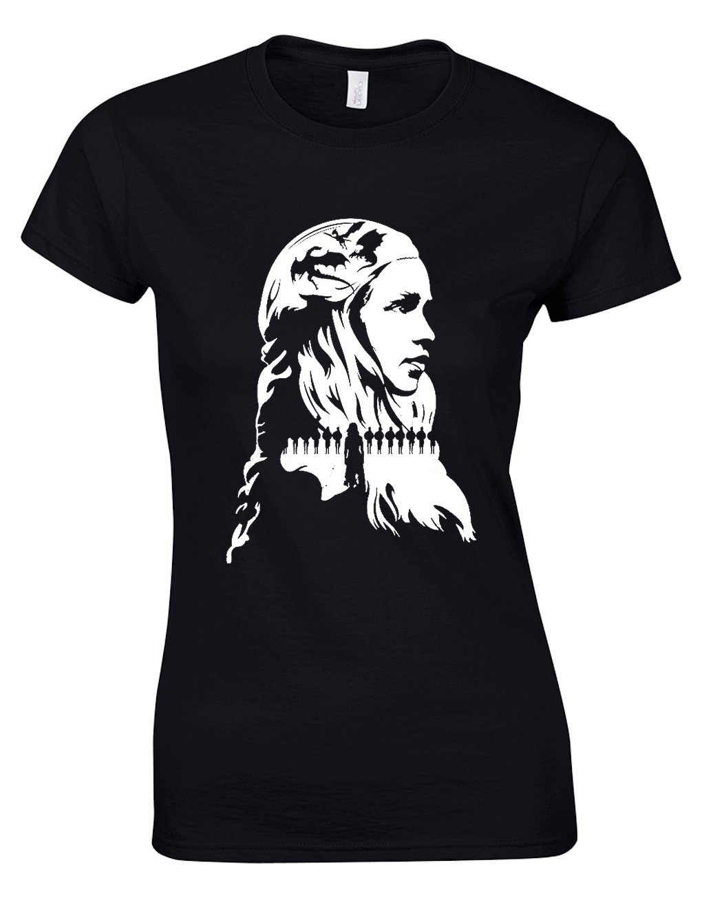 Crown Designs Queen Daenerys Silhouette Fantasy TV Show Inspired Gift for Women & Teenagers Fitted T-Shirts Tops - Black/XXL - 14/16