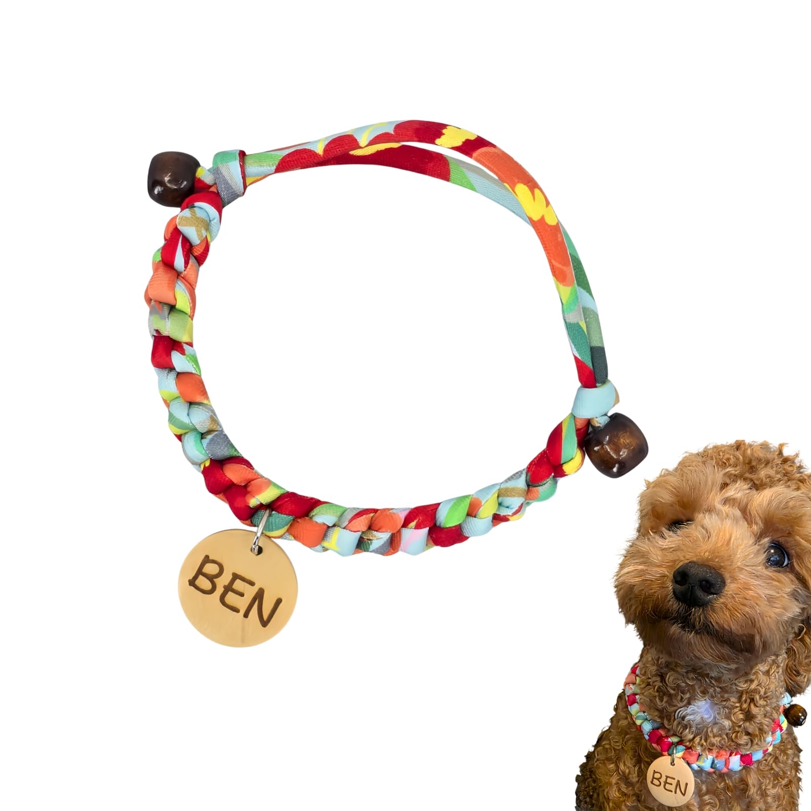 ChurroPet Personalized Dog Collar with 2 Engraved Wooden Tags – Handmade Pink Floral Cotton Rope Collar for Puppy, Small to 4XL Dogs & Cats (Aurora)