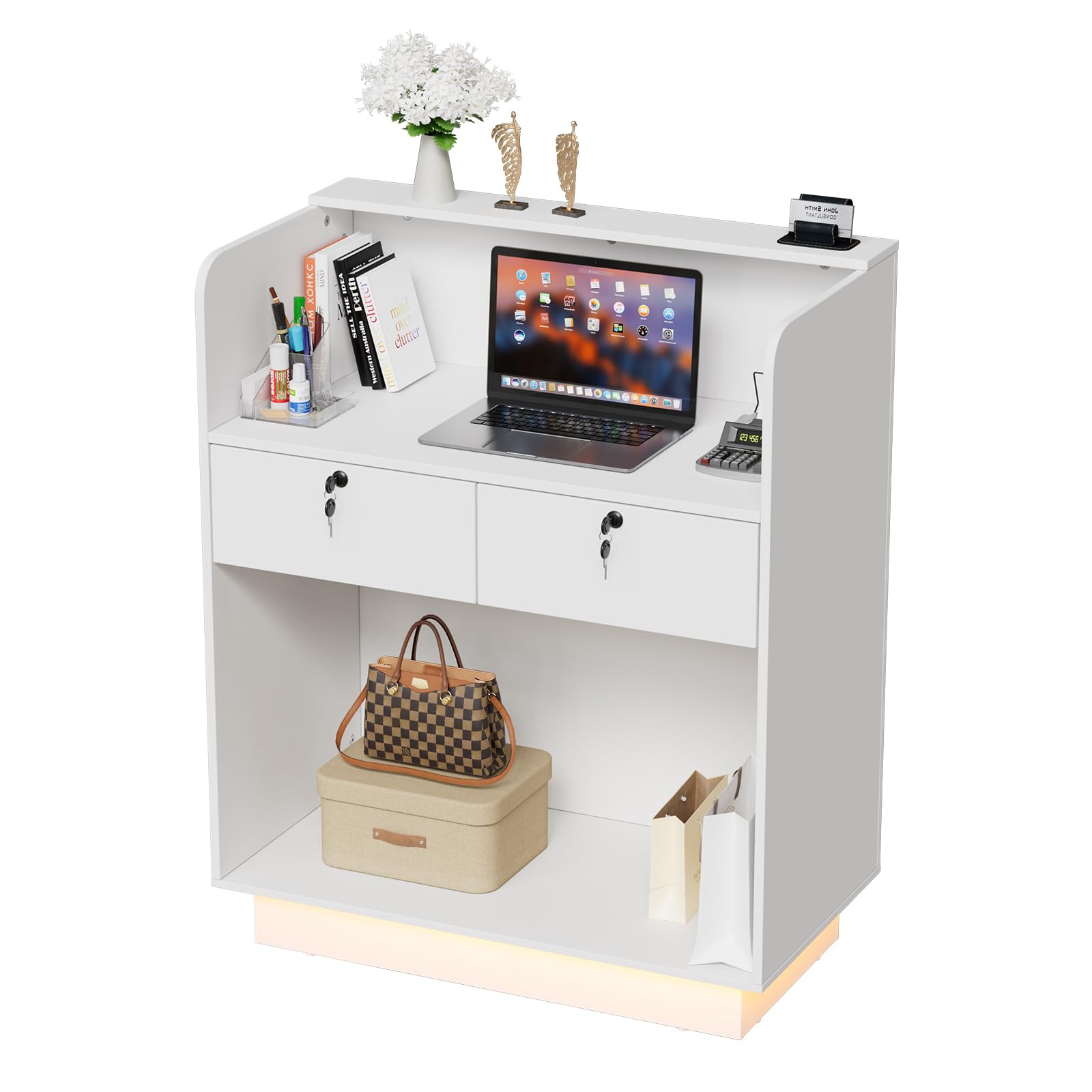 MSFE Mueble Recepción con LED, Mostrador de Recepción Pequeña,Mesa de Oficina con Estantes Ajustables,Cajón con Cerradura,Mostrador de Tienda, Mostrador de Venta,103X80X45cm,para Oficina, cafetería
