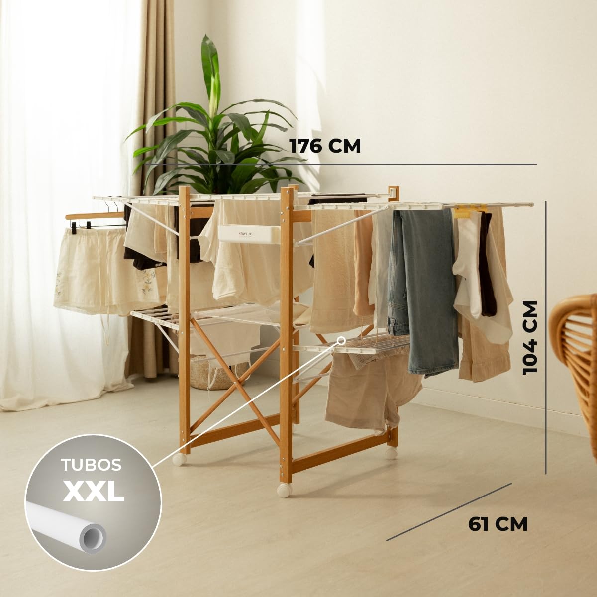 Newlux - Tendedero Plegable con Alas 30m XXL Wood V35, 3 Niveles (176x61x104cm). Tenderete de Ropa Plegable con Ruedas, Accesorio para Ropa Delicada y Pinzas, Ganchos Laterales, Blanco