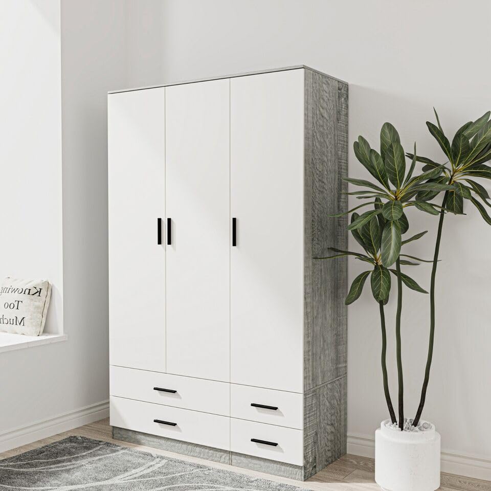 URBNLIVING Modern 3 Door 4 Drawer Wardrobe with Hanging Rail, Bedroom Furniture, Storage Shelf Clothes Organiser Stylish Design, Ample Storage Solution