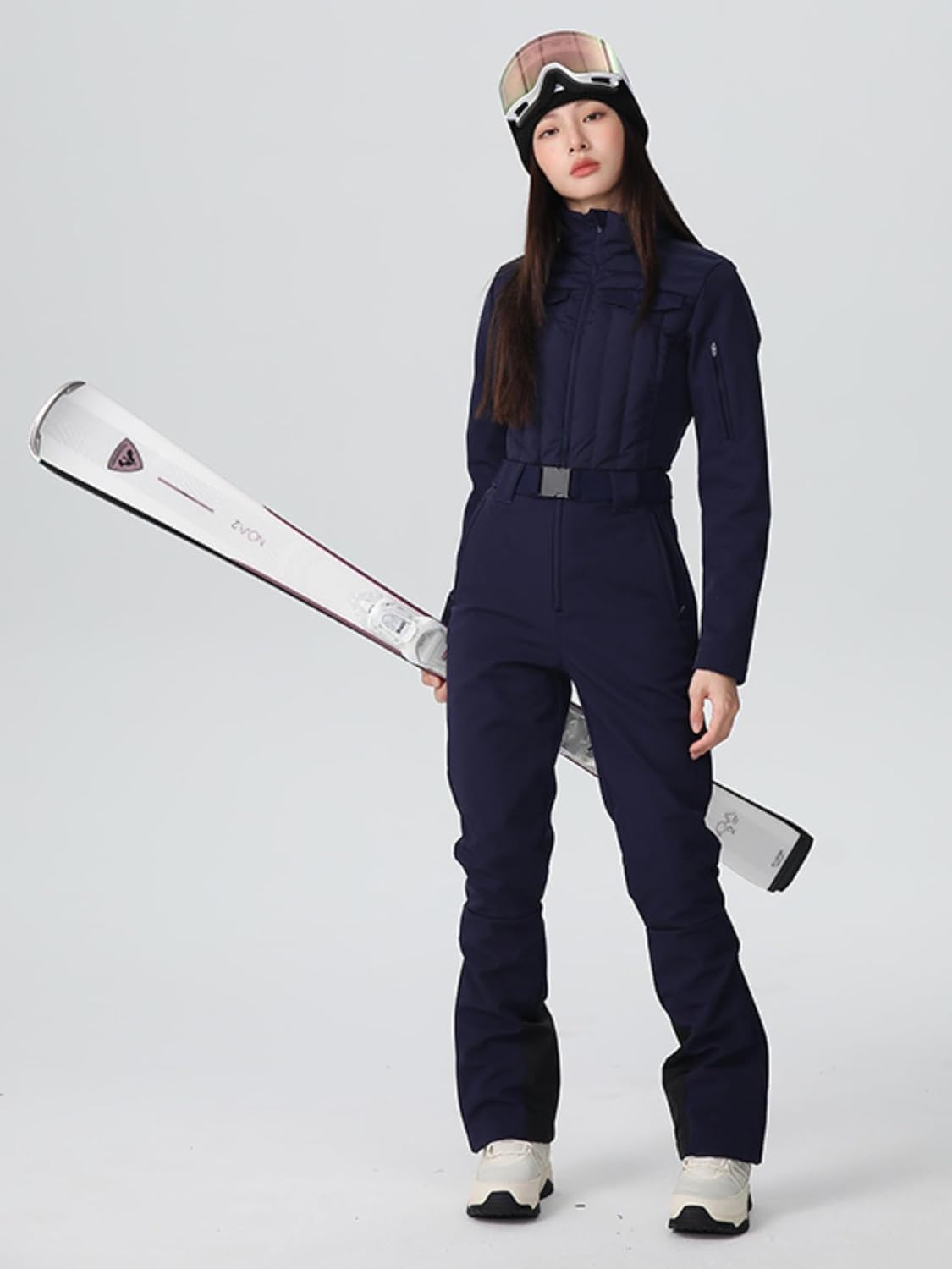 Insulated Down Slim Snowboard Jumpsuit for Women Stand collar Chic Snow Suits Elastic Belt Ski One-Piece