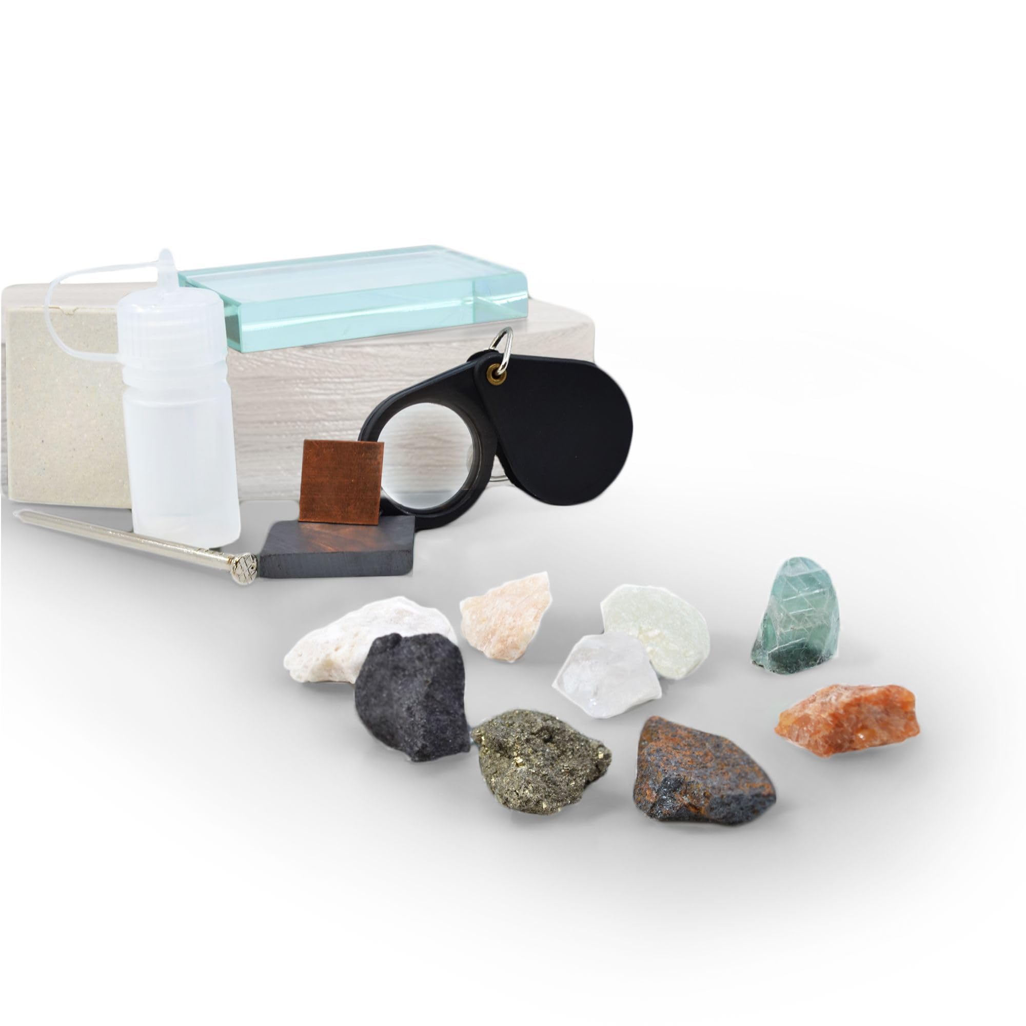 Eisco - Mineral Test Kit with 9 Raw Mineral Samples and Testing Tools - Includes Streak Plate, Magnet, Hand Lens, and More - Classroom and Field