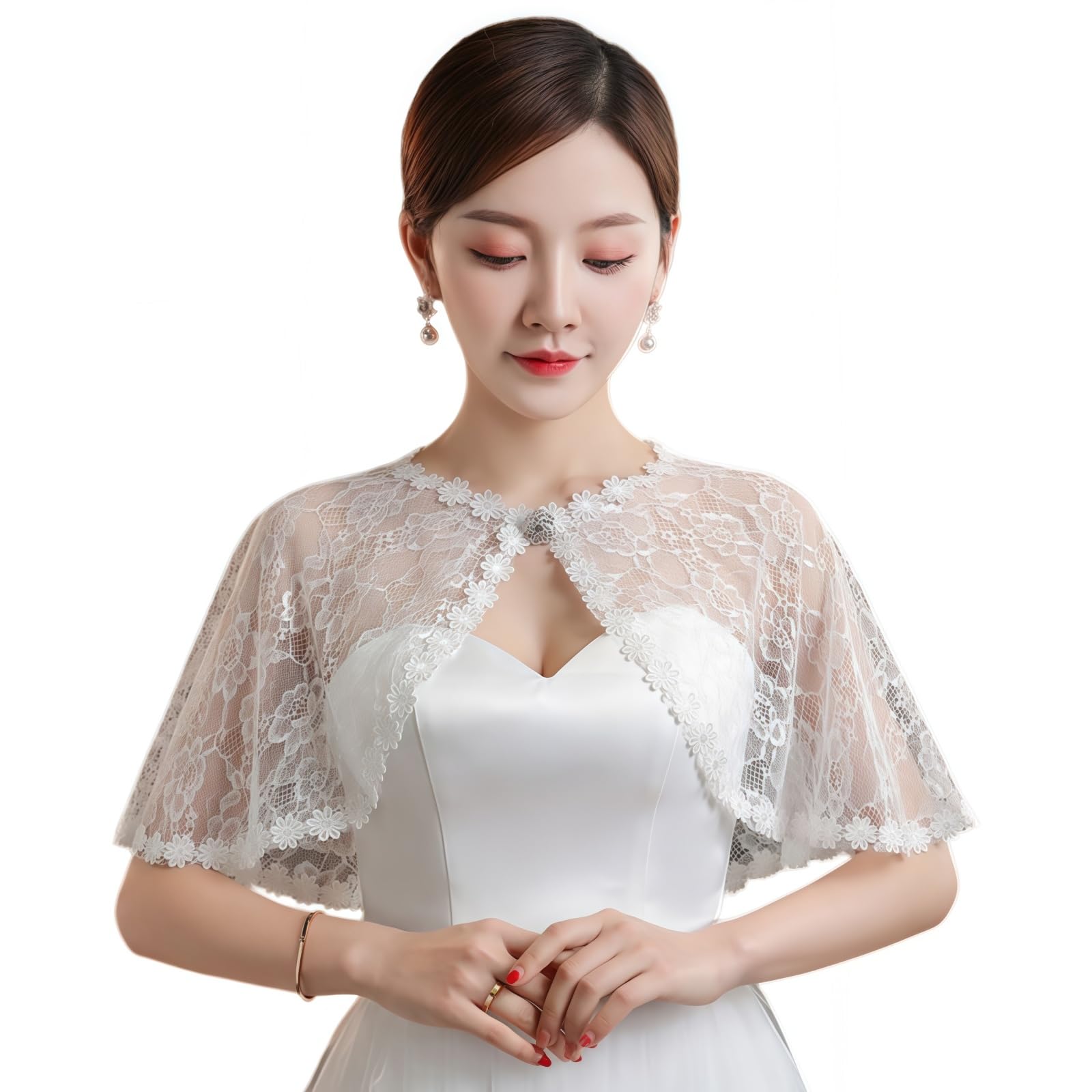 SamHeng White Floral Lace Shawl for Women Short Bridal Lace Shawl Cape with Flower Button Wedding Capelet Cloak Cover Up Wraps Shrug for Formal Evening Dresses Prom Party Wedding
