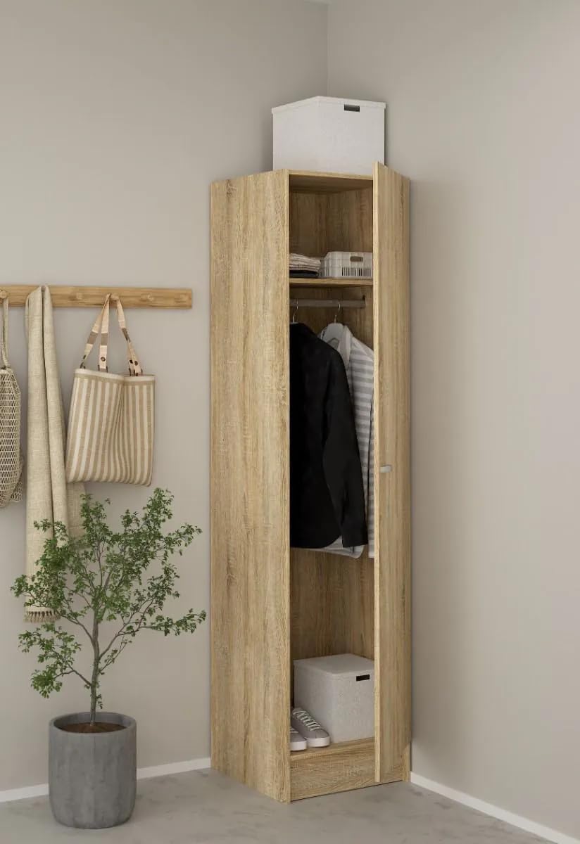 Bissolo Casa Armadio Multiuso Salvaspazio Mod. Focus Oak 49,2x47x200 cm con 1 Anta Reversibile, 4 Ripiani Regolabili e Tubo Appendiabiti, Mobile in Laminato per Casa e Cucina