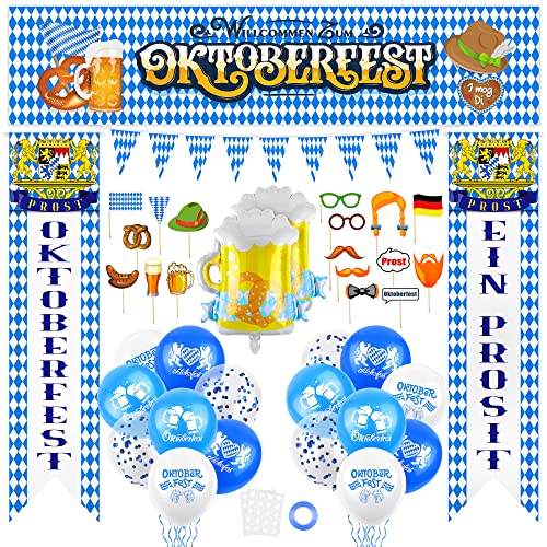 ADXCO 47-częściowy zestaw dekoracyjny na Oktoberfest, na Oktoberfest, werandę, tabliczkę, baner, flagę, 10 m, bawarski proporczyk, baner, 26 balonów, 17 rekwizytów do fotobudek z prętem, akcesoria