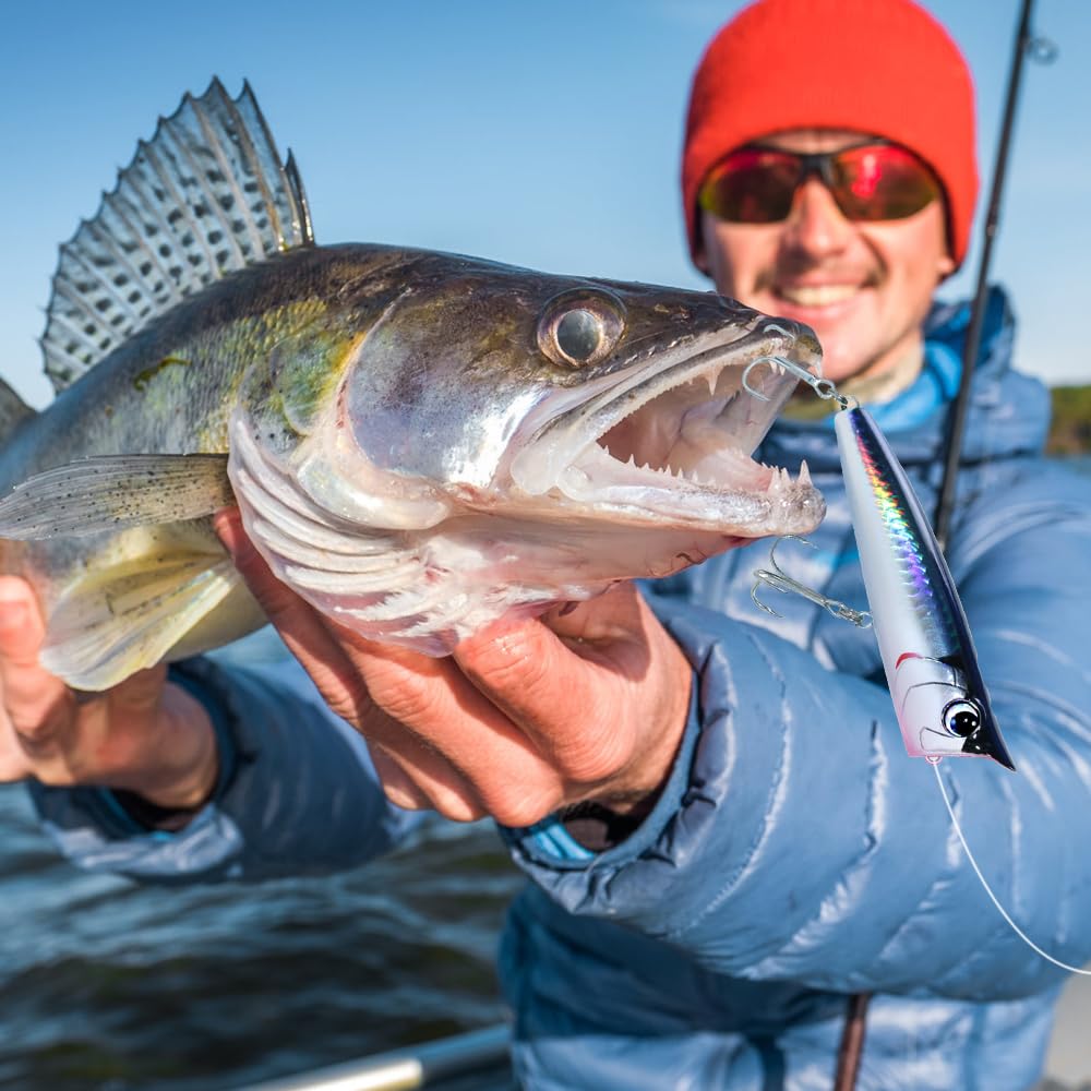 Señuelos de pesca de agua salada de superficie, señuelo flotante de pesca de surf anzuelos triples con ojos 3D para bar, trucha, dorado, gallineta