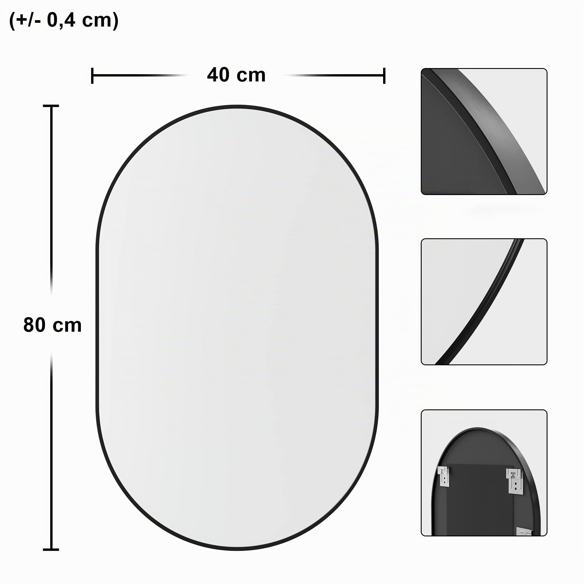 Specchio da parete ovale con telaio in metallo – Specchio da bagno in design moderno, montaggio a parete, Nero o Oro (Nero, 80 x 40 cm)
