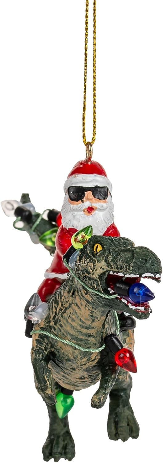 Santa Claus Riding a T Rex Dinosauer Wrapped in Lights Christmas Ornament for Kids - Image 3