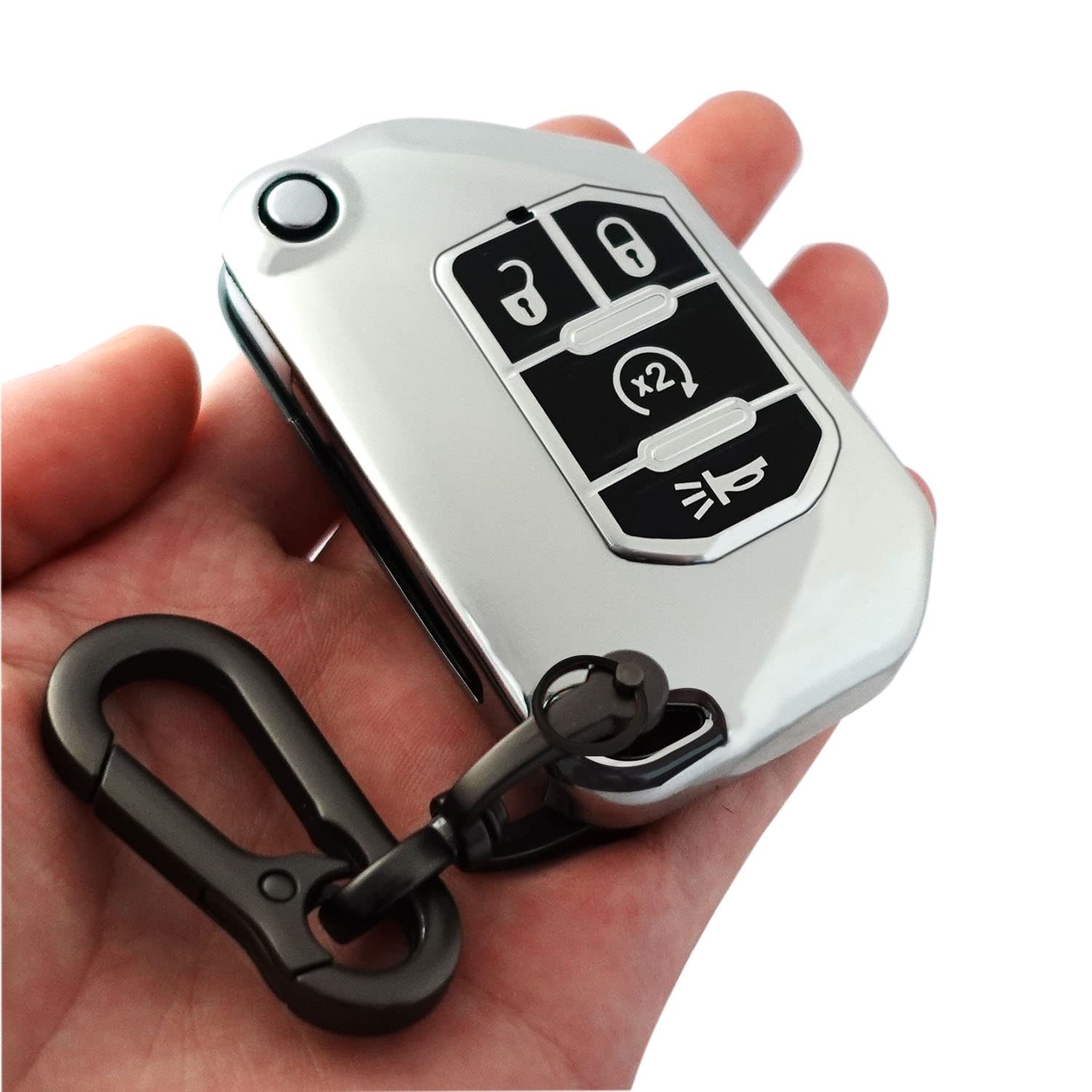 for Jeep Key fob Cover case with Keychain,Soft TPU Key case/Skin,4-Buttons fit Wrangler JL JLU Gladiator JT Rubicon Flip Remote Key Vehicle Accessories(Silver)