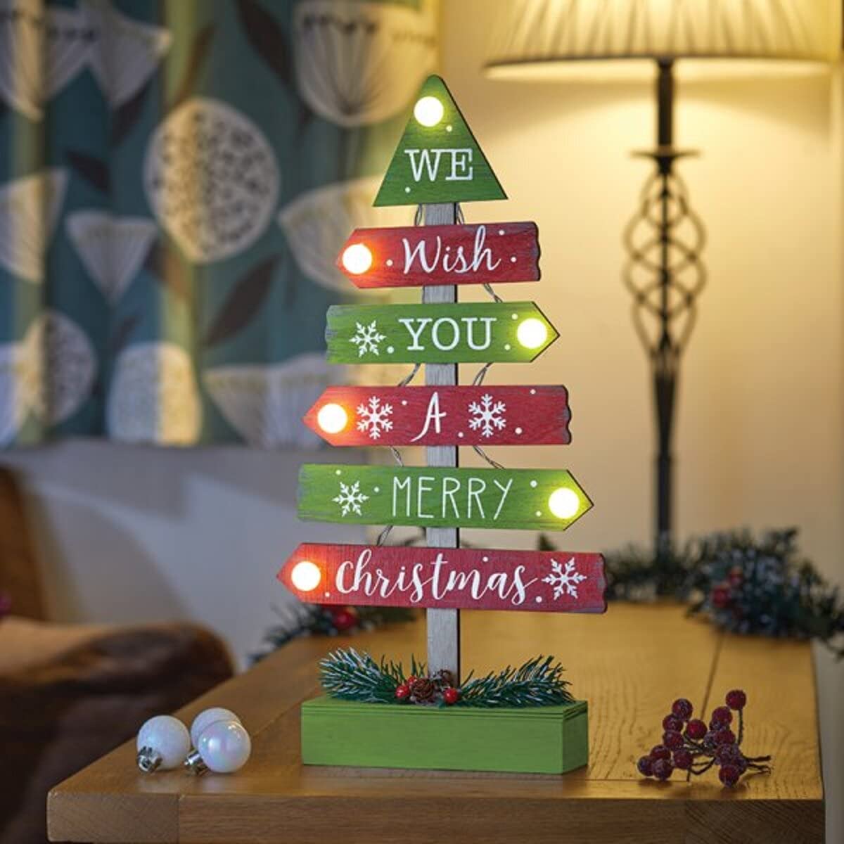 Marco Paul 6 LEDs Merry Christmas Tree Sign - 39cm Tall Freestanding Table Decoration, Mantel & Shelf Ornament - Christmas Gifts for Women - Xmas Table Decorations Centrepiece