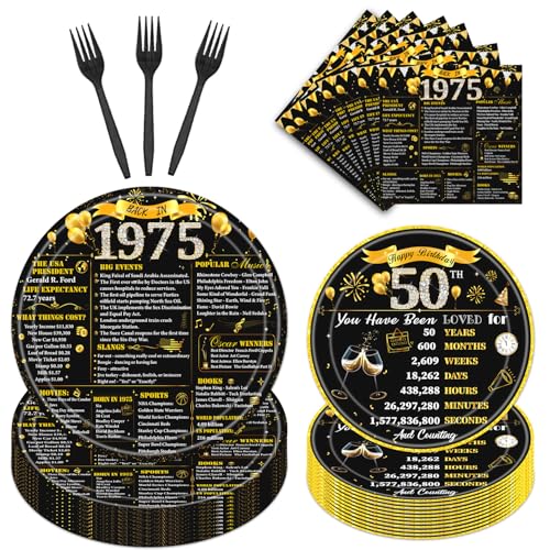 Refavor 50th Birthday Decorations for Men Women, 96PCS Birthday Party Plates and Napkins Forks Supplies, Black and Gold Over the Hill Birhday Disposable Party Tableware Decor (24 Guests)