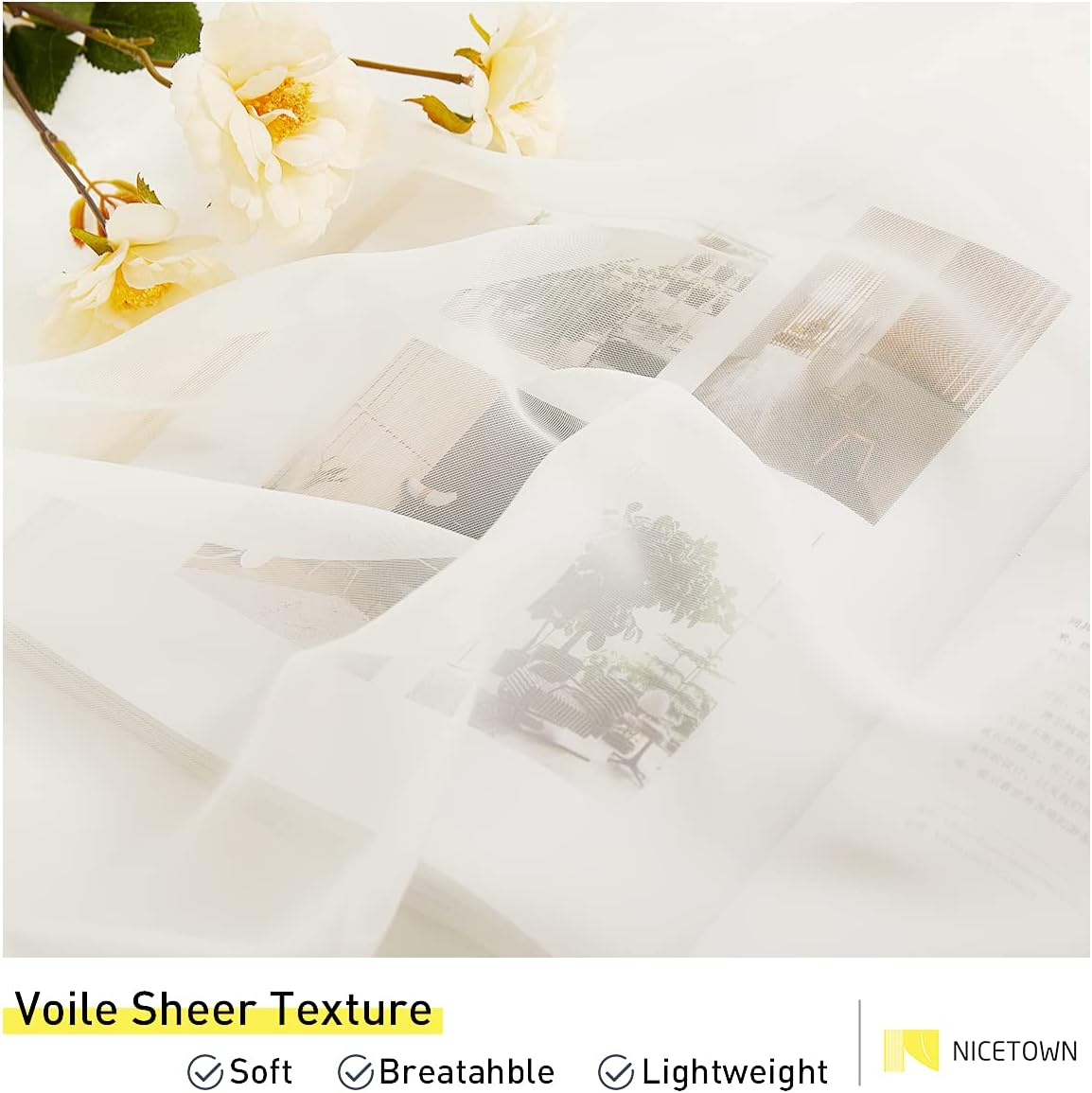 NICETOWN 2 Panels Beige Indoor Outdoor Curtains & Drapes, Self-Sticky Tab Top Elgant Airy Voile Sheer Lightweight & Airy Drapes with Light Filtering for Living Room/Patio/Porch, W54 x L108 image 4