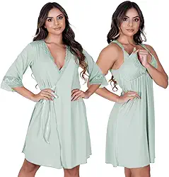 Kit Camisola de Amamentação Com Robe Gestante Maternidade Pós-Parto