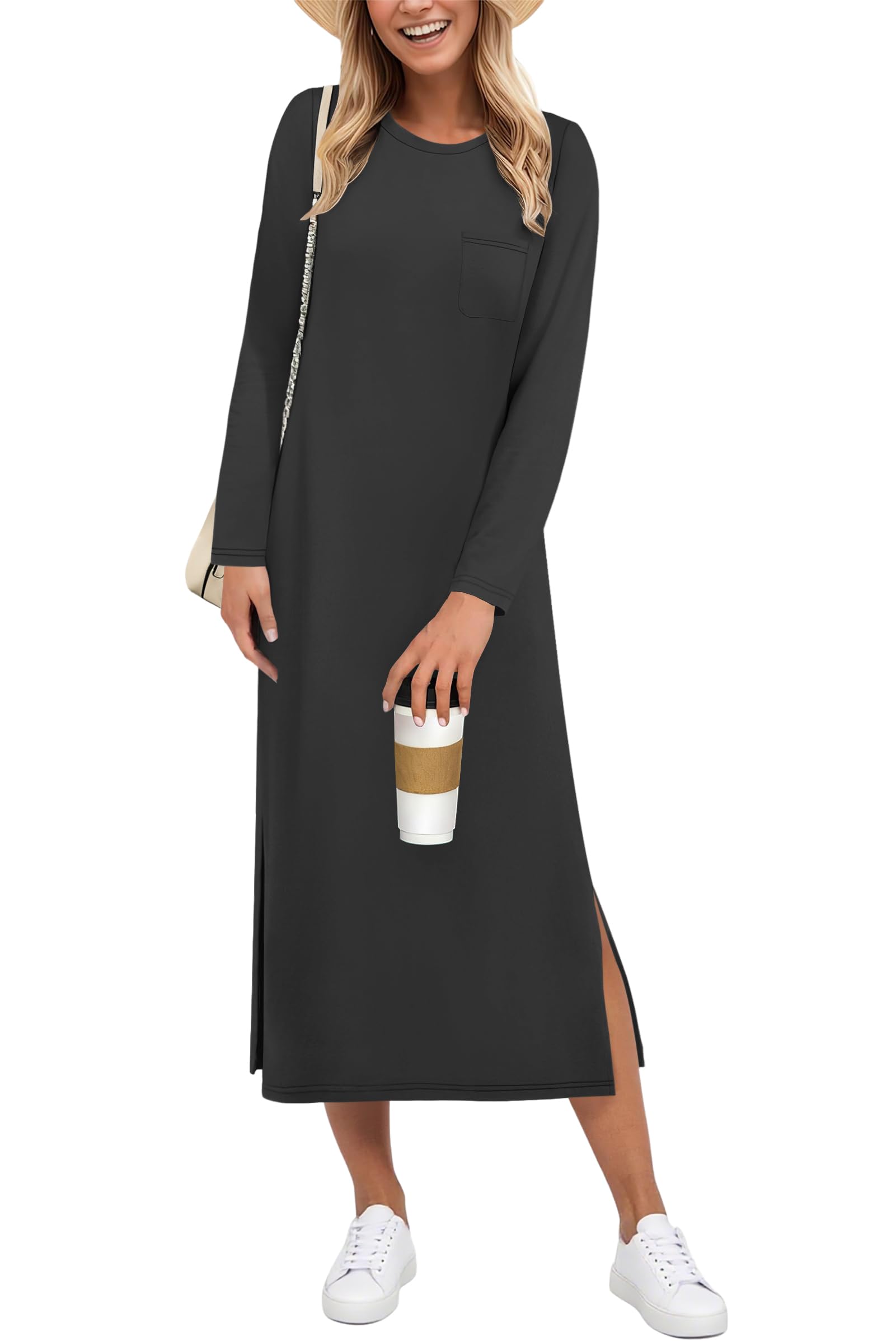 AUSELILY Winter Dresses for Women UK Maxi Split Loose Long Sleeve Dress Casual Ladies Dresses Black M