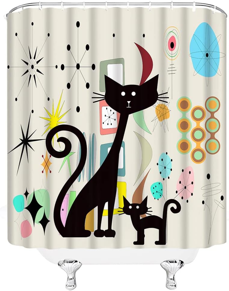Mid Century Atomic Black Cat Shower Curtain Retro ​Atomic Stars ​Abstract Iconic Cute Animal 1950s 1960s Vintage Geometric Fabric Bathroom Decor Curtain with Hooks