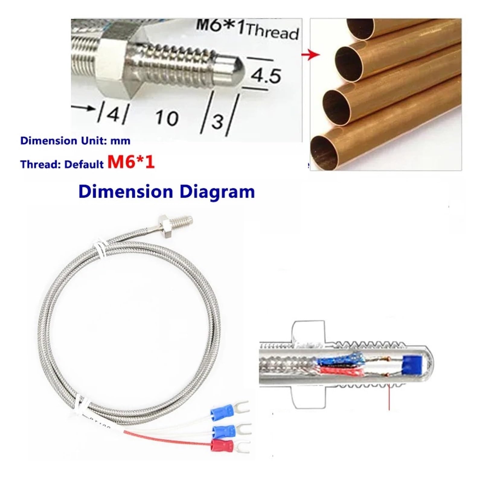 Sensor de temperatura PT100, sonda termopar de temperatura PT1000 | Instrumento de medición de sensores de temperatura de termopar M6 500 ℃(PT1000 A L 300CM)
