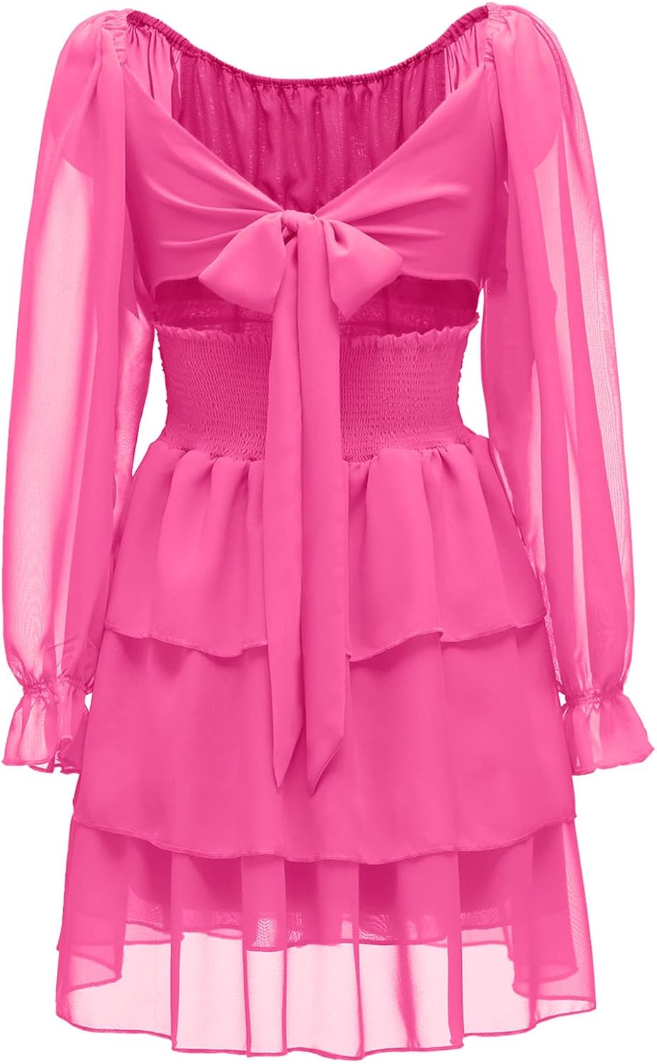 OBBUE Women's Summer Dress Tie Back Square Neck Aline Long Sleeve Layered Swing Mini Dresses - Image 5