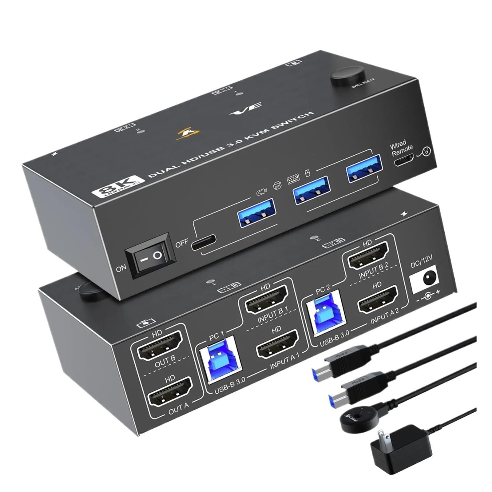 KVM Switch 8K 60Hz 2 HDMI-Compatible USB 3.0 Hub Splitter Docking Station Switch Selector Computers Share Keyboard Monitor(UK Plug)-image-9