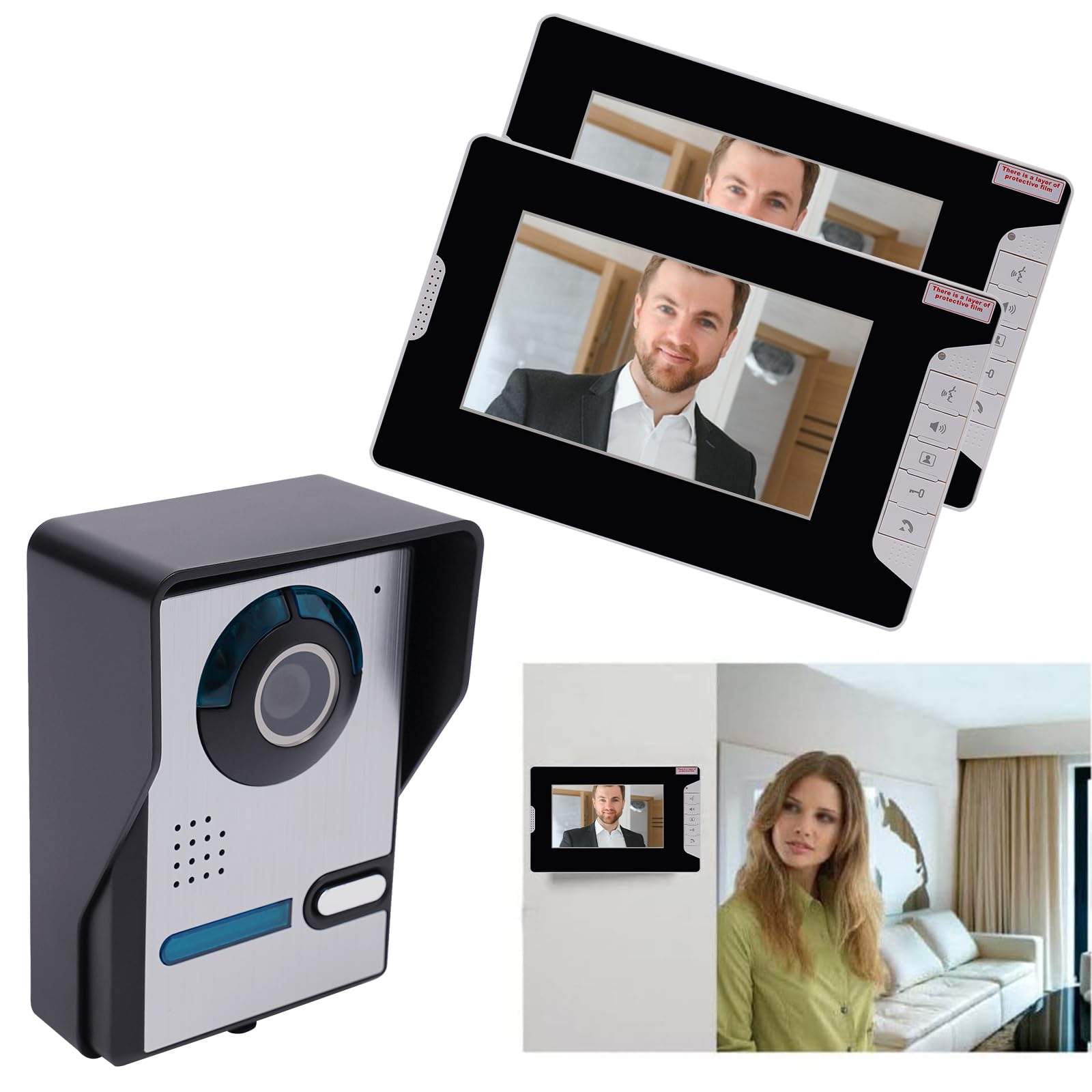 Set citofonico cablato, composto da 1 telecamera e 2 display, dotato di telecamera con visione notturna ad alta definizione e funzionalità audio bidirezionale.