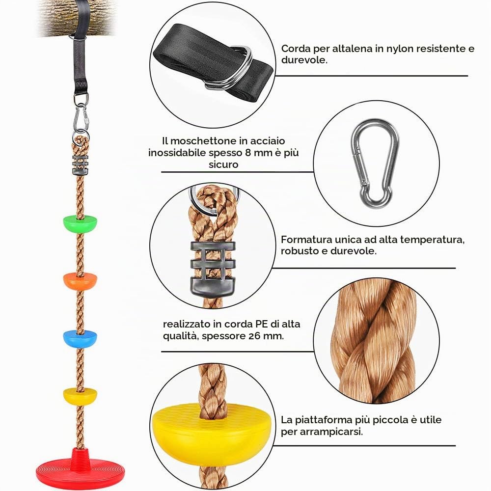 Bambini Altalena da Albero con Corde da Arrampicata, Piattaforme e Seggiolino a Disco, Accessori per Parco Giochi all'aperto con Cinghia di 1,5M e Ganci a Moschettone