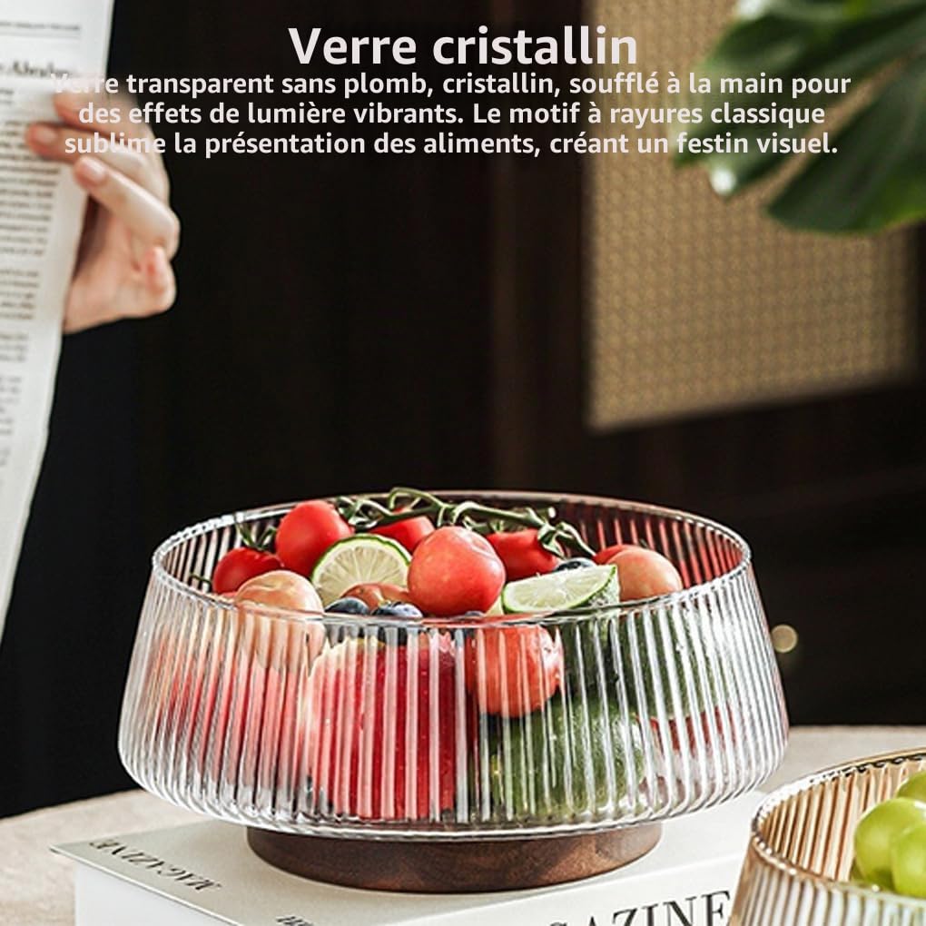 Ailan Plateau à fruits haut de gamme avec base et couvercle en bois, élégant et polyvalent, pour table de salon, snacks, bonbons, saladier en verre transparent avec base bois, tapez+3
