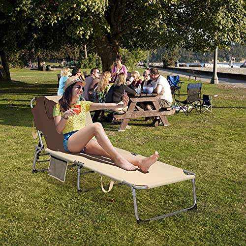 Giantex Lounge Chair Chaise Lounger, Beach Recliner With Mattress, 4 Adjustable Reclining Position, Pillow, Side Pocket For Beach, Sunbathing, Patio, Pool, Lawn, Deck Folding Camping Cot (1, Beige) #TOP5