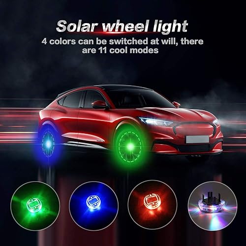 Miniatura 6 de Sidaqi Lámpara de cubo de rueda de automóvil de energía solar, luces LED para neumáticos con sensores de movimiento, 4 luces LED decorativas