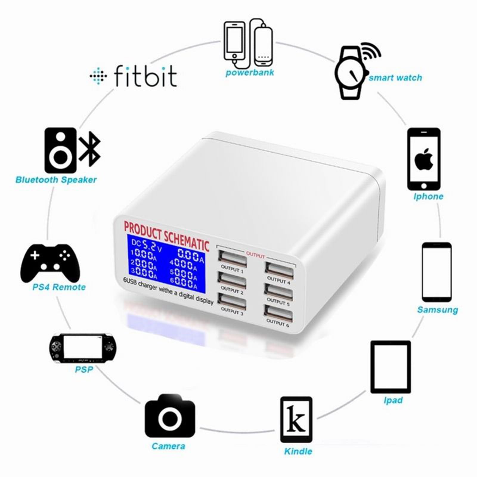 Chargeur USB multi-ports Affichage de courant LED indépendant à 6 ports PD45W Tête de prise multifonction à charge rapide universelle