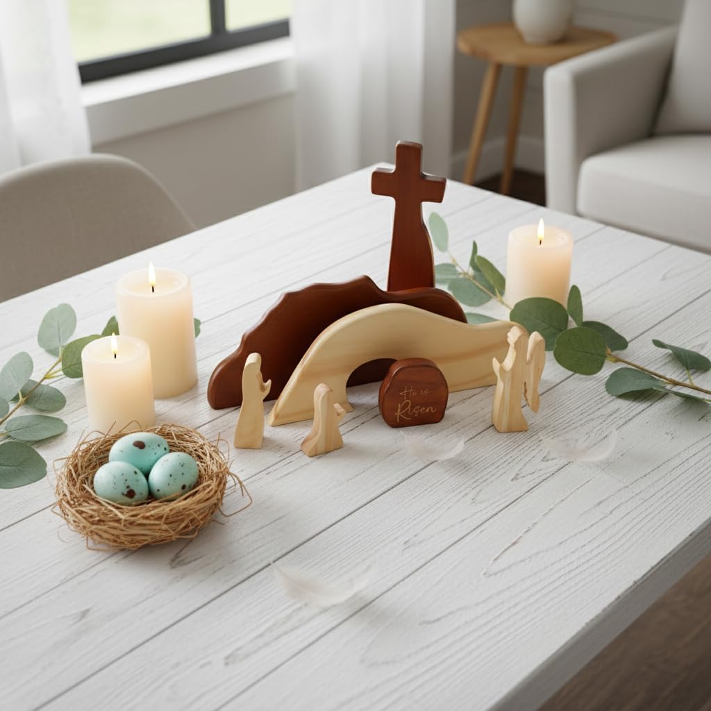 He is Risen Easter Decor – Wooden Resurrection Scene with Empty Tomb, Cross & Figurines, Christian Religious Tabletop Decoration for Home, Faith Easter Gift, Easter Basket Stuffer