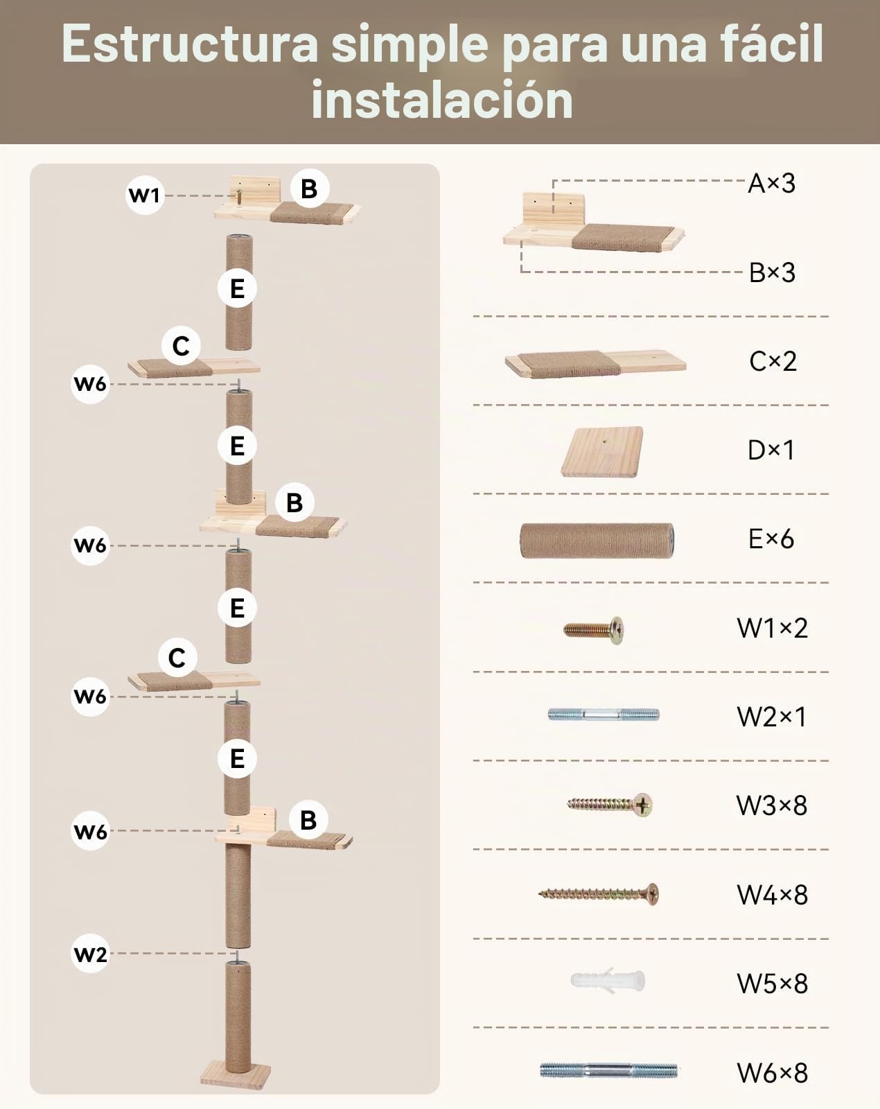 PawGiant Rascador de Pared para Gatos de 5 Niveles (213 cm), Árbol Torre de Escalada de Madera con Postes de Sisal y Plataformas, Mueble Vertical Ahorro de Espacio para Gatos Pequeños y Medianos