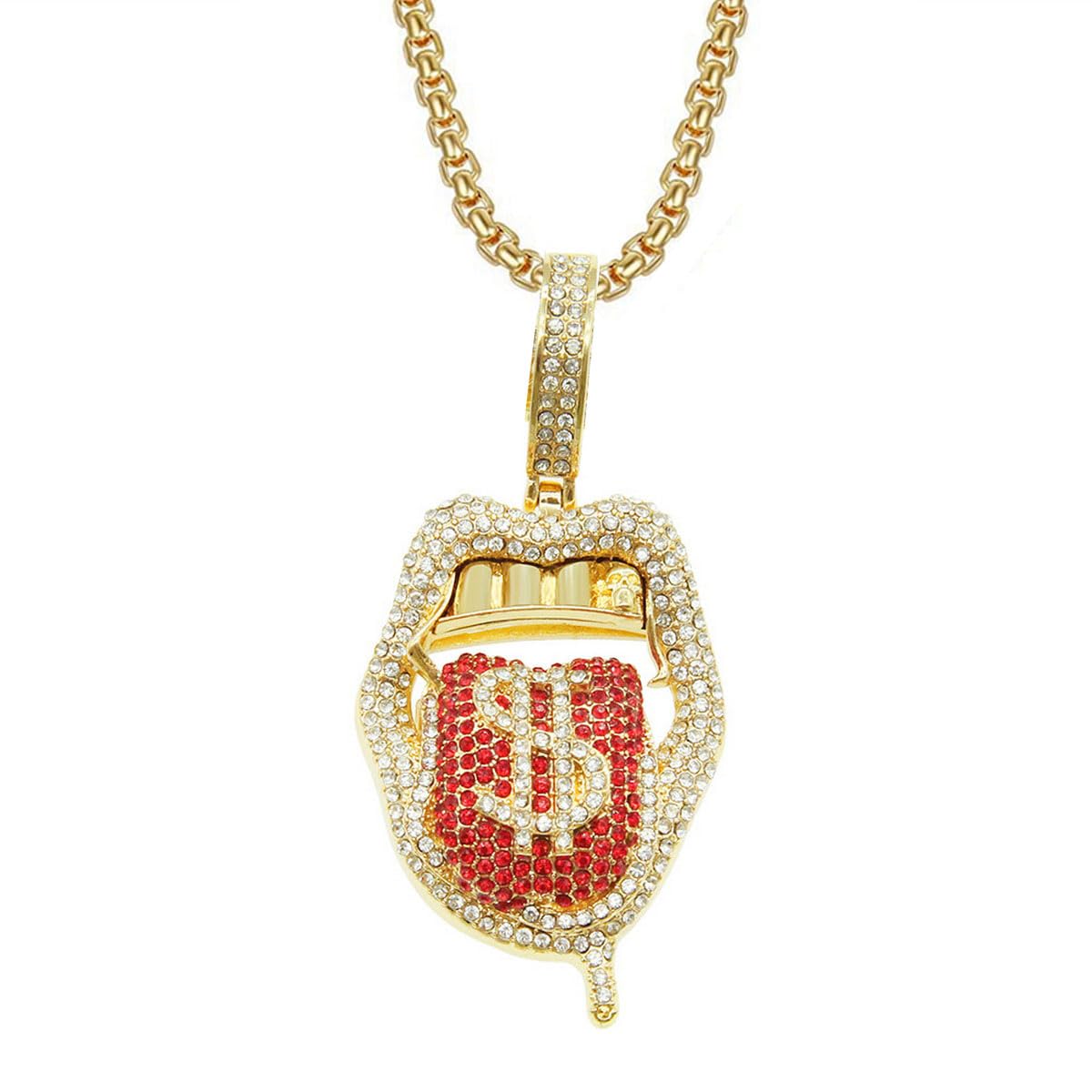 Chunky Bling Iced Out Cuban Link Chain Necklace for Men Women,Large Fake Diamond Chain Sticking Out Choker Tongue Pendant with Dollar Sign,Miami